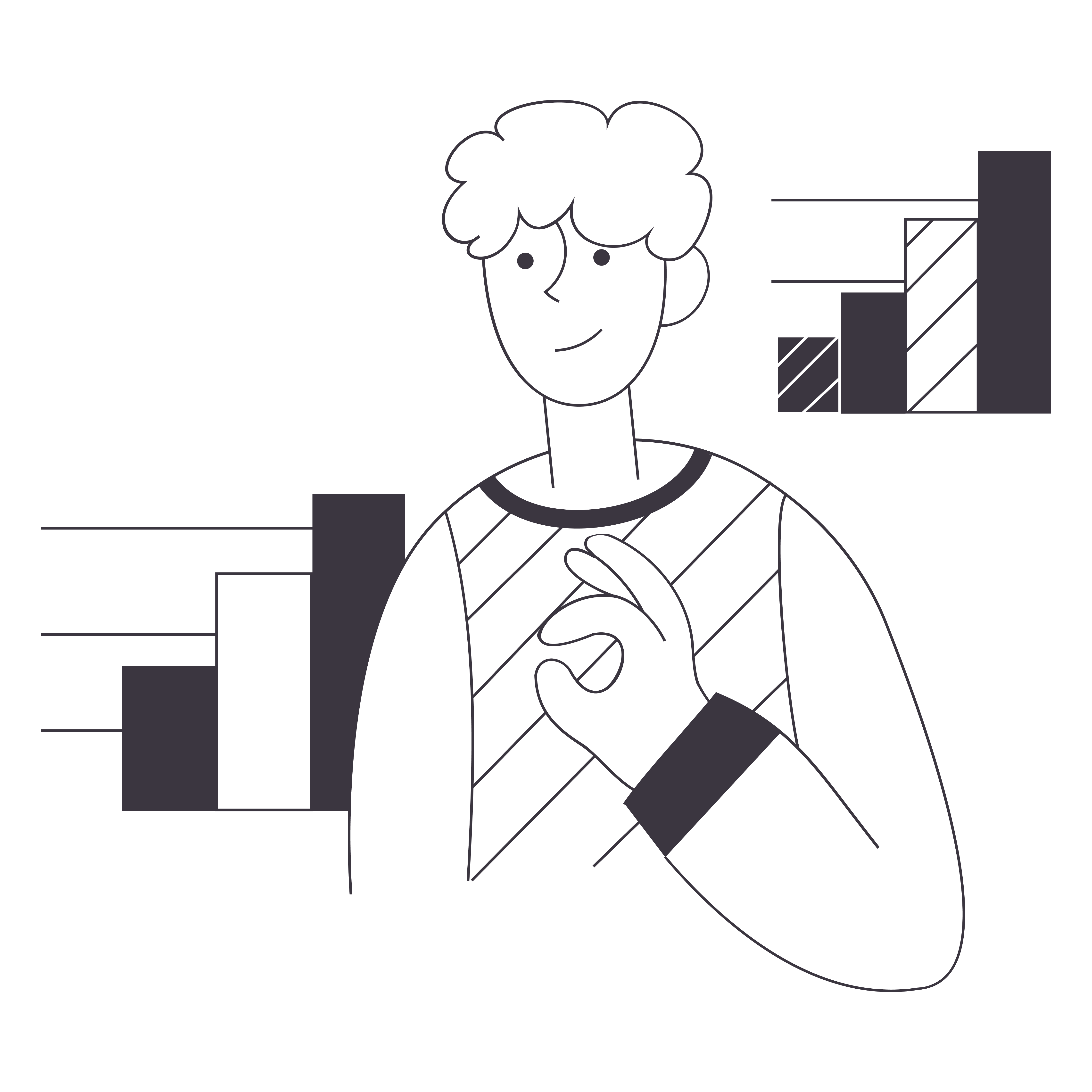 Illustration of man making ok gesture in front of bar charts