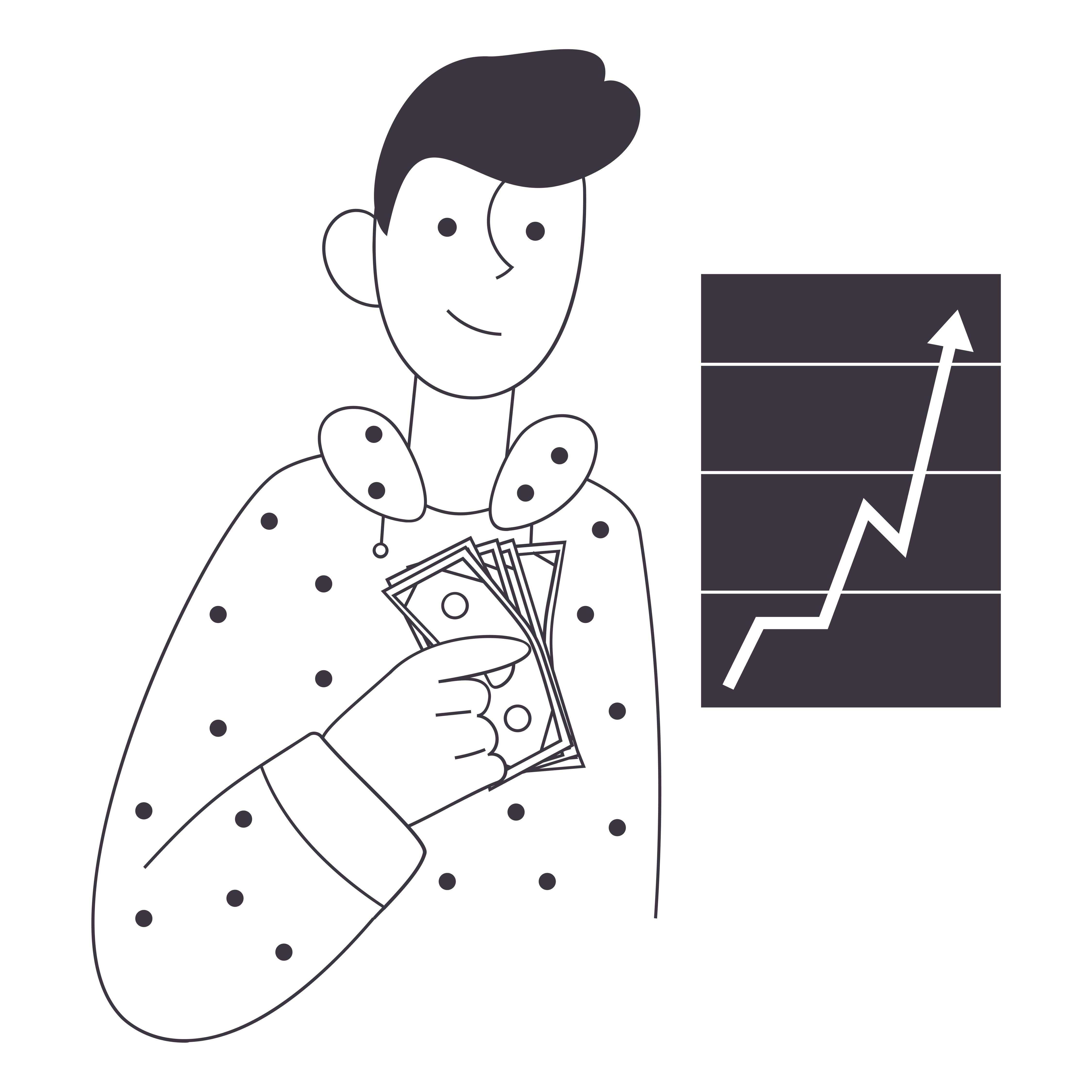 Illustration of man holding money in front of a line chart