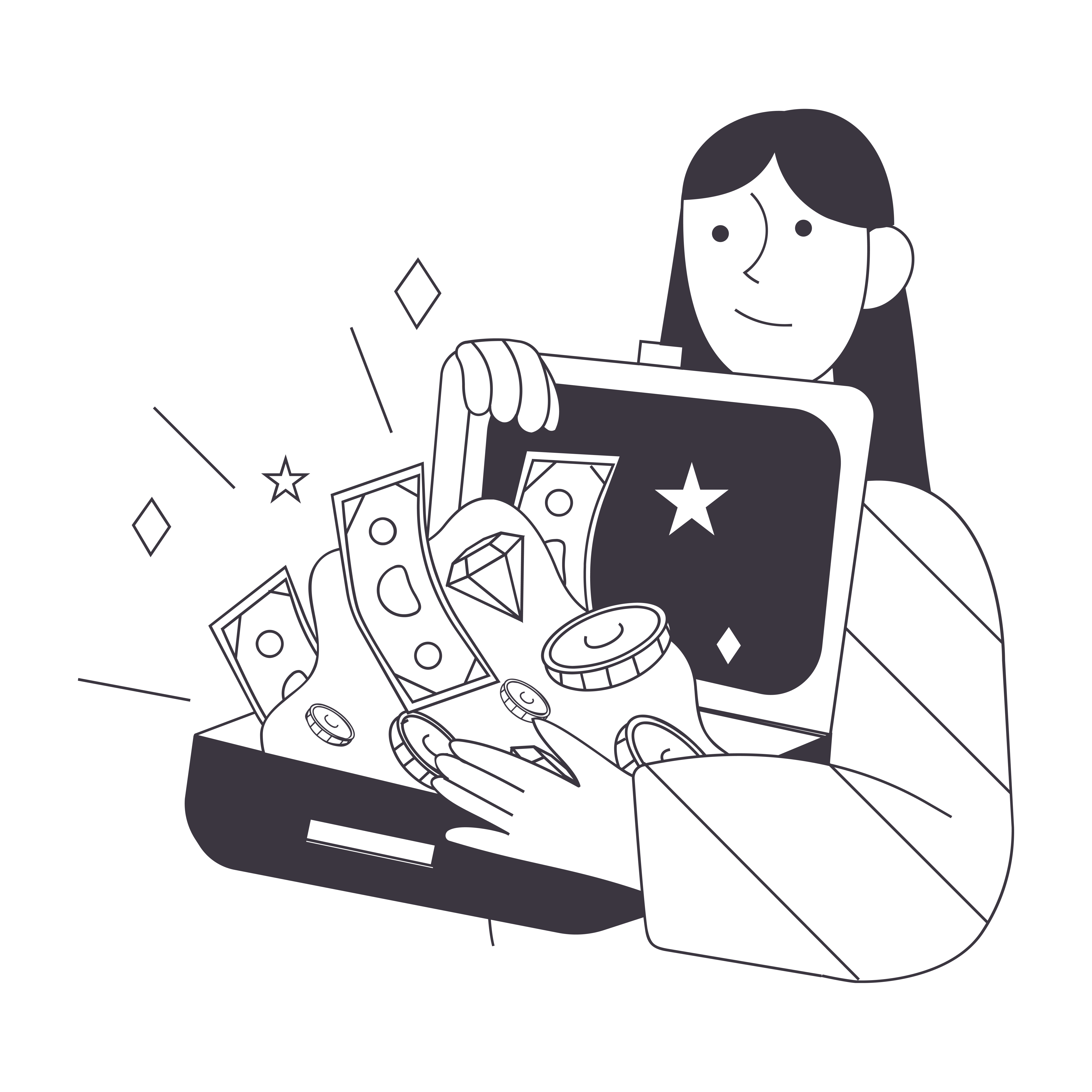 Illustration of woman holding briefcase with valuables