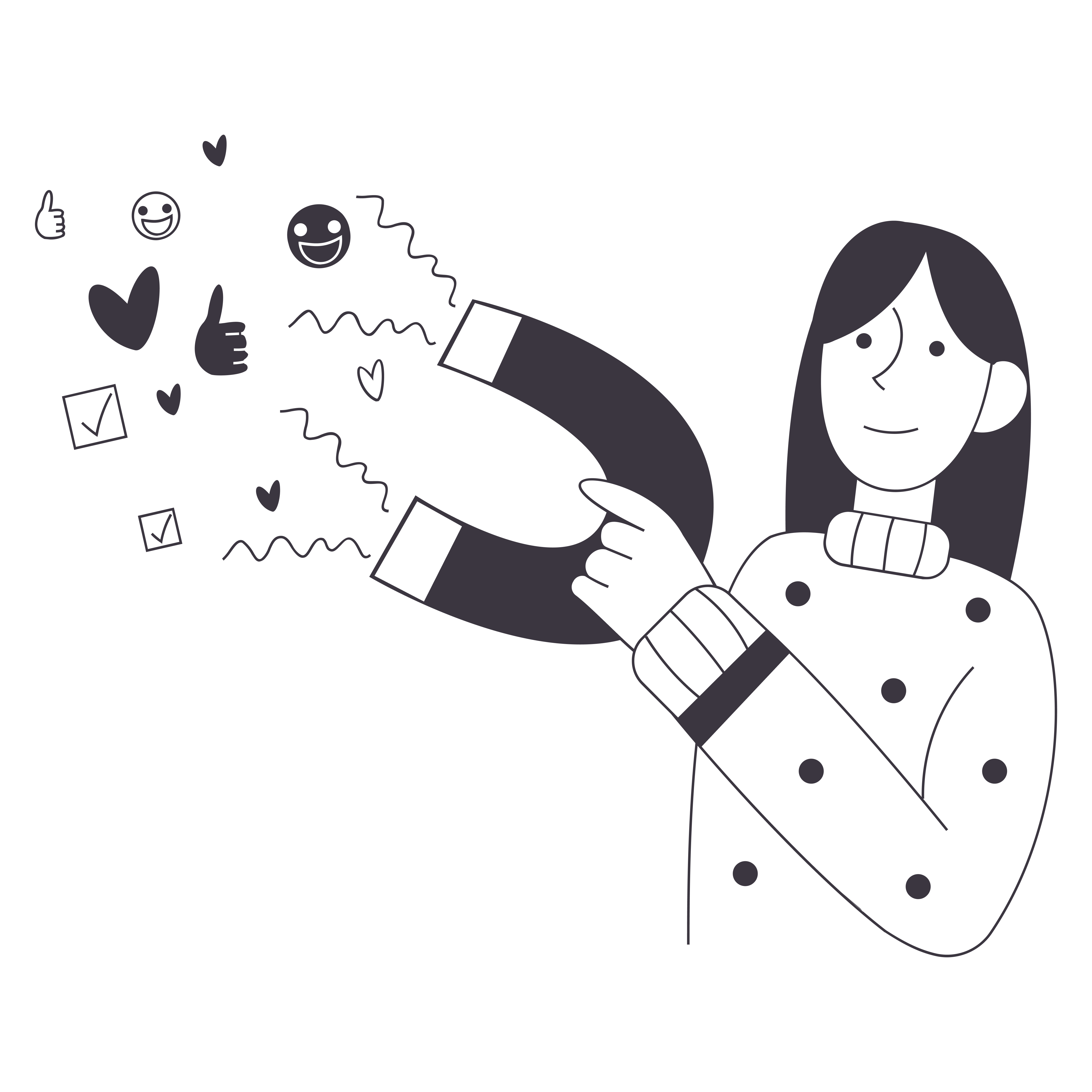 Illustration of woman holding a magnet attracting social media likes
